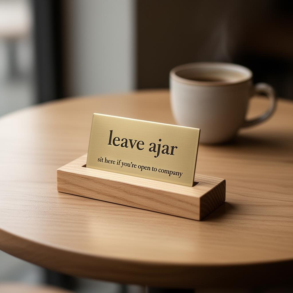 A small brass table marker on a light oak stand, sitting on a café table next to a ceramic coffee cup.
